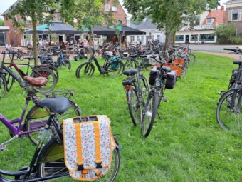 Vele fietsen op de Stationsweg nabij de entree naar de markt van Melk en Honing 2024   (klik voor vergroting)